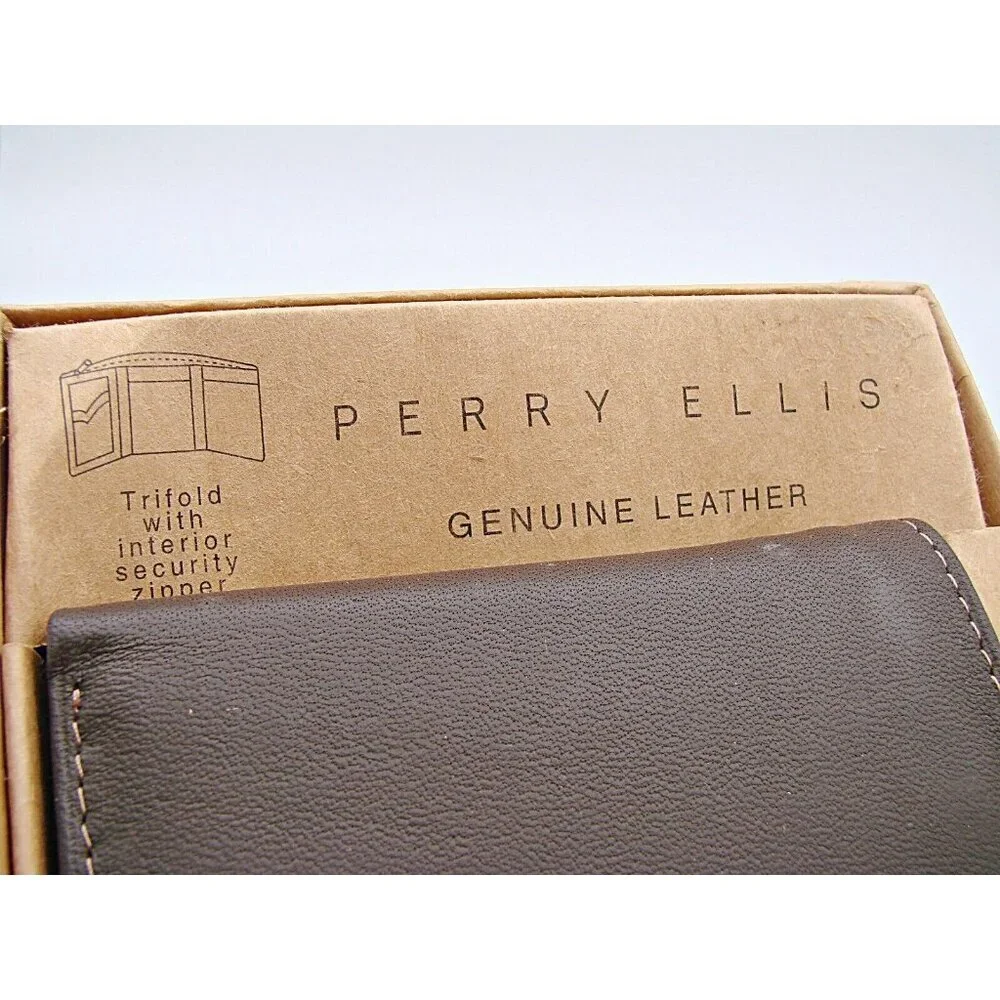 NEW Perry Ellis Brown Leather Billfold Wallet Interior Security Zipper Trifold